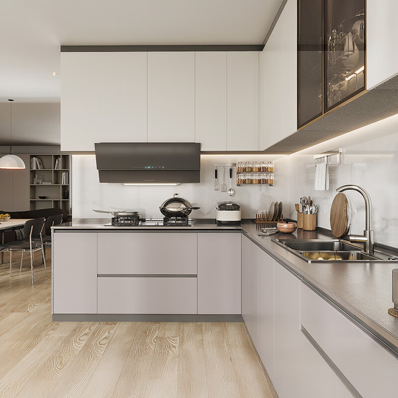 Sofia Stainless Steel Cabinets Kitchen Steel Wood Kitchen Cabinets Furniture Integrated Cabinets Tableware Stove Wall Cabinet Integrated Cabinet Sideboard 7-meter Smoked Stove Package (Quartz Stone Countertop)