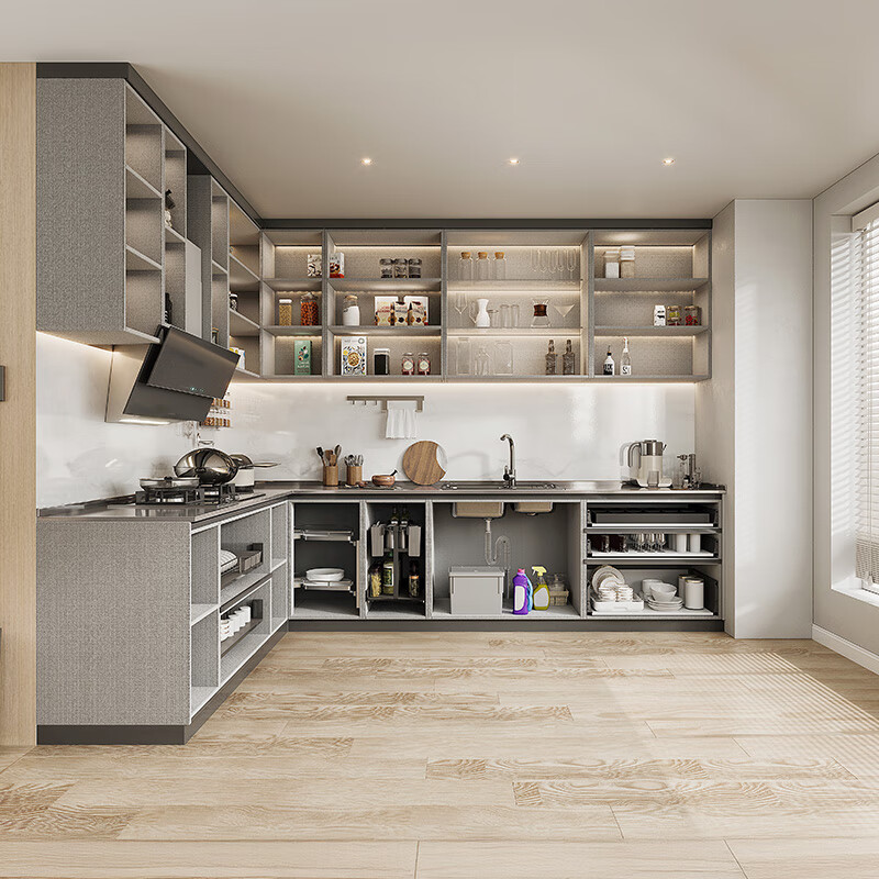 Sofia Stainless Steel Cabinets Kitchen Steel Wood Kitchen Cabinets Furniture Integrated Cabinets Tableware Stove Wall Cabinet Integrated Cabinet Sideboard 7-meter Smoked Stove Package (Quartz Stone Countertop)