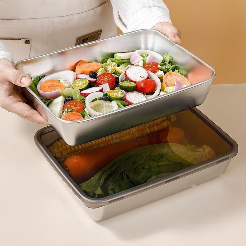 German quality dumpling box stainless steel extra large 30*24*5cm commercial stall crisper picnic box refrigerator 316 huge thick 5 trays + 5 see-through gray lids 30*24*5cm non-stick style