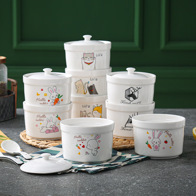 Aostar Soup Cup Set of Four 5-inch Stew Cups with Lid Ceramic Steaming Cup Soup Cup Stew Pot Waterproof Cup 550ml Bird's Nest Bowl Cat Series (4 Stew Cups 4 Lids) 5 inches