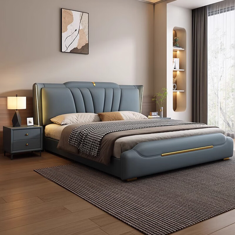 Modern simple Italian light luxury master bedroom double bed large bed storage bed furniture leather bed soft-packed bed leather bed wedding bed leather bed door-to-door delivery 1800mm*2000mm frame structure