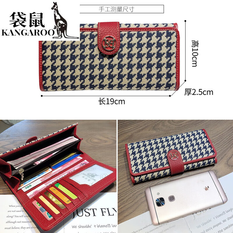 Kangaroo luxury brand Korean style lightweight long wallet for mobile phone, houndstooth bill holder with genuine leather clutch for women, black - first layer of cowhide inside