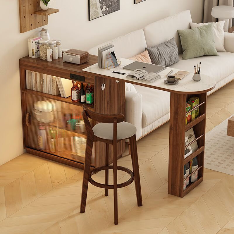 Maple Leaf Slate Bar Table Home Integrated Sideboard Living Room Island Dining Table Small Apartment Retractable Partition Storage New Style Log Color Bar Cabinet + Mobile Combination Table Including Sensor Light Socket Master Comes to Install