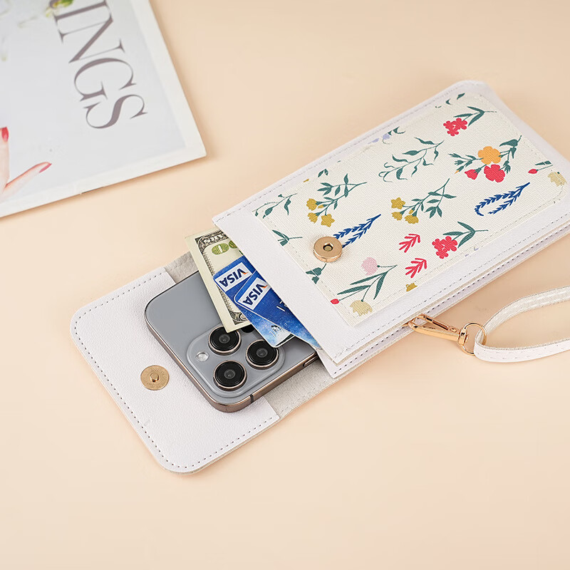 Dipur mobile phone bag hanging neck touch screen wallet mobile phone case crossbody small bag for women coin card holder waterproof mobile phone protective cover white flowers