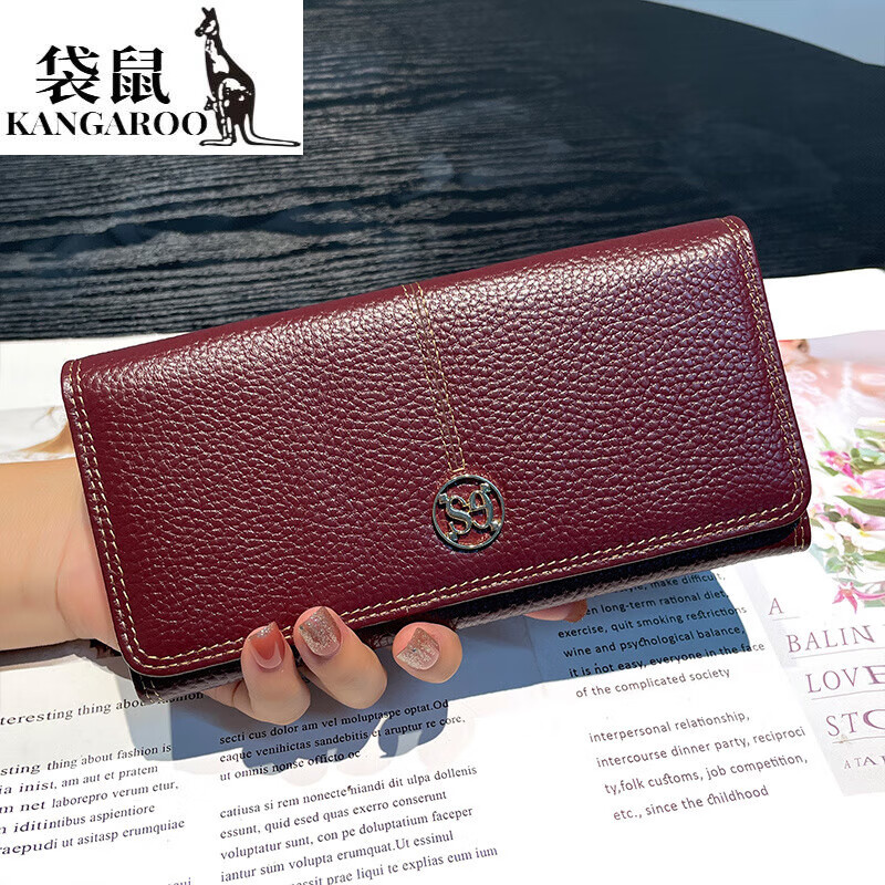 Kangaroo Pure Cow Leather Long Hand Wallet Women's Versatile 2026 New Genuine Leather Thin Multi-Card Slots Wallpaper Holder for Mobile Phones Black - First Layer Cowhide Multi-Card Slots for Mobile Phones