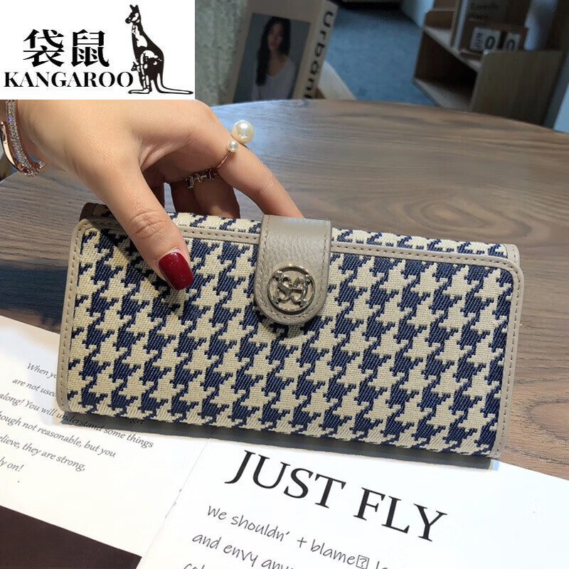 Kangaroo luxury brand Korean style lightweight long wallet for mobile phone, houndstooth bill holder with genuine leather clutch for women, black - first layer of cowhide inside