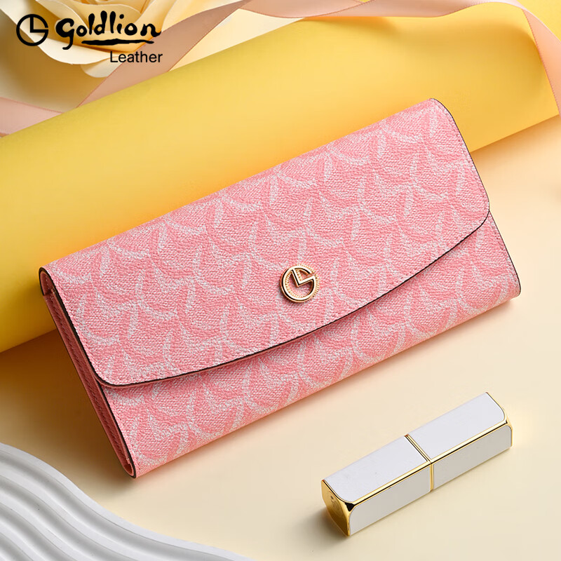 Goldlion Wallet Women's 2025 New Simple Small Fresh Clutch Fashionable Versatile Multifunctional Large Capacity Long Wallet Elegant Pink