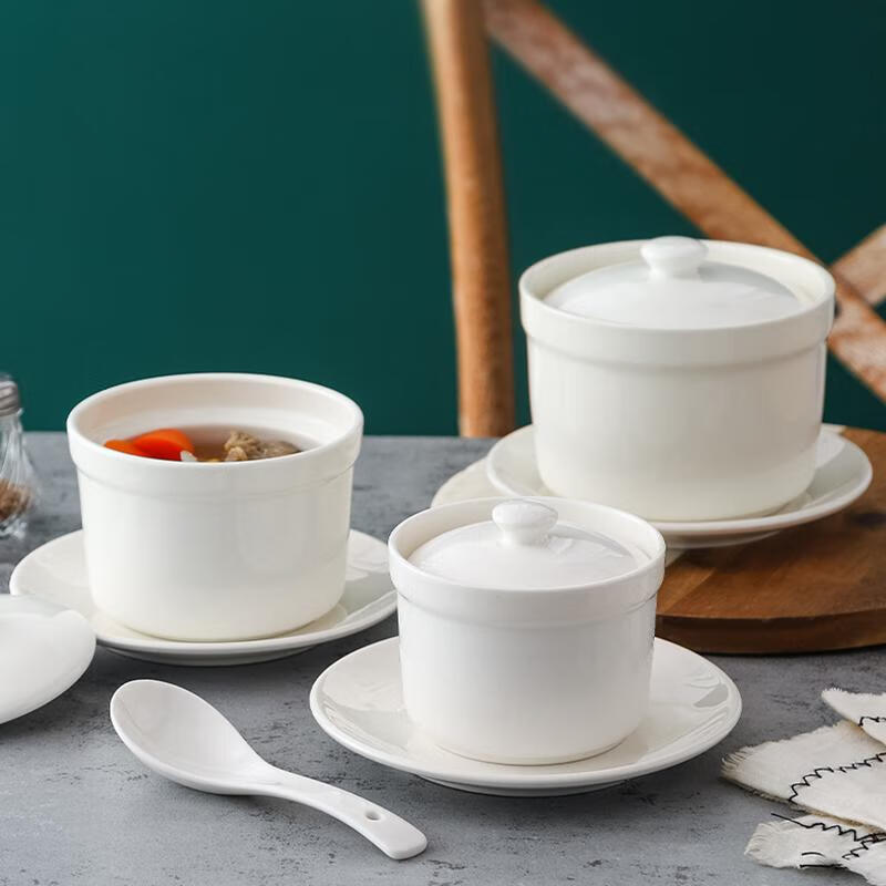 Ostar Soup Cup Set of Four Bird's Nest Stew Cups Ceramic Soup Cups Water-proof Steamed Eggs Small Stewing Jars Dessert Cups with Lid Pure White Commercial 2 Pack Pure White with Lid 4.5 Inch 400ml