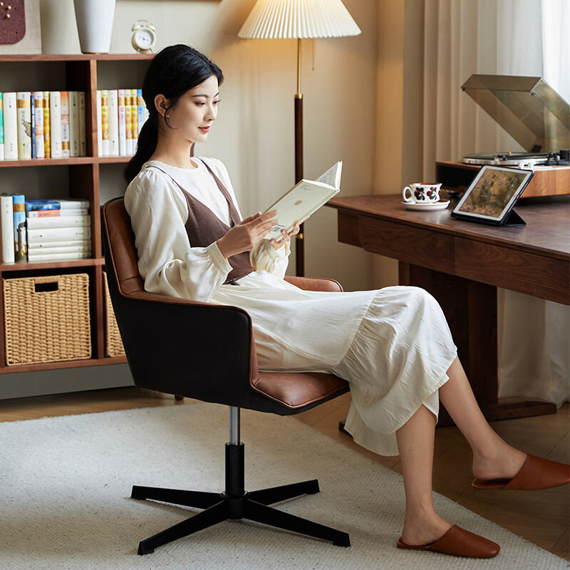 Gujia Home Antique Retro Computer Chair Home Study Chair Bedroom Desk Chair Lift Study Chair Office Chair Four Star Legs Mo Nai_Computer Chair PU Leather