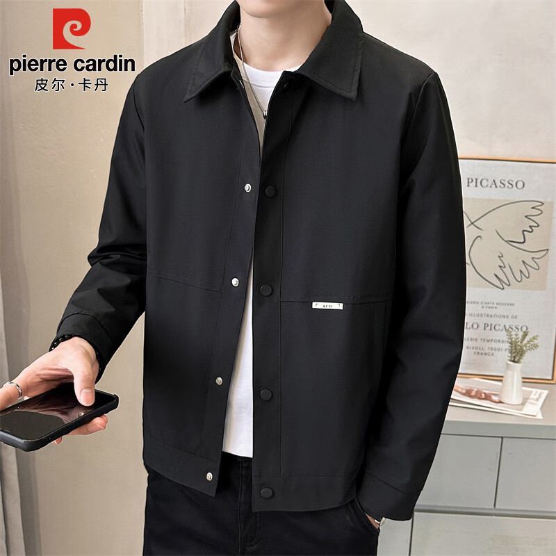 Pierre Cardin Jacket Men's Spring and Autumn Trendy Lapel Casual Work Jacket Men's Outerwear Men's Clothing Black XL