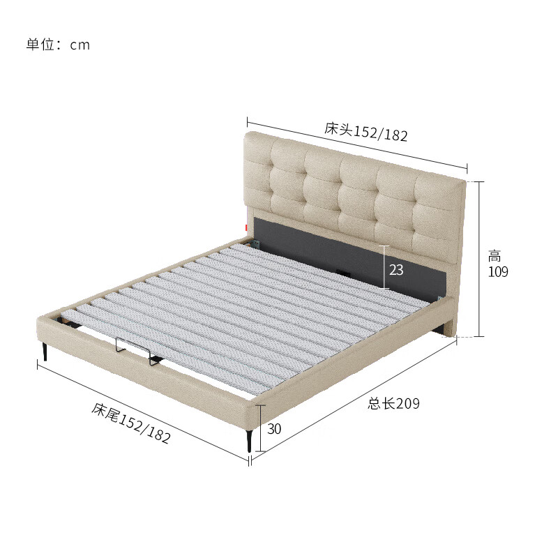 Gujia Home Furnishing Small Size Waffle Series First Layer Cowhide Bed Bedroom Full Side Double Bed 8386 Haoyue White High Legs + M0099E Mattress 1500*2000