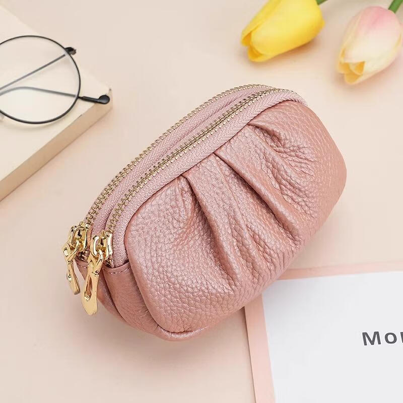 Chajin's new niche pleated hand-held zipper small wallet women's texture mini storage key bag card holder fashionable coin purse brown-double zipper coin purse