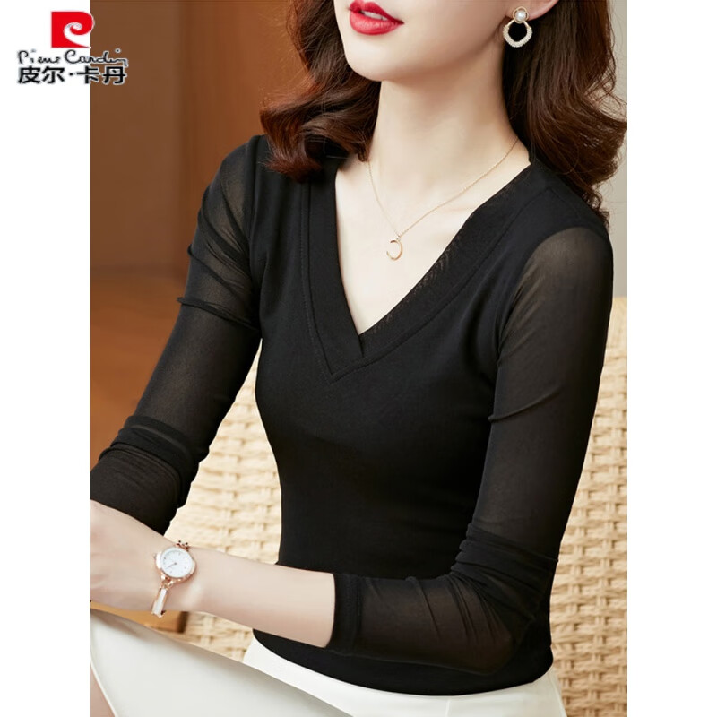Pierre Cardin 2025 spring and autumn new style mesh bottoming shirt with T-shirt black fashionable style shirt lace top black M collar M recommended 85-100 pounds