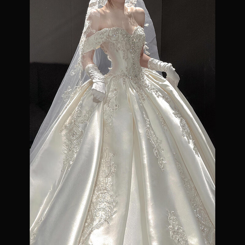 Wenmi French wedding dress bridal main yarn satin one-shoulder light dress 2025 new texture small trailing woman white floor-length wedding dress 2XL