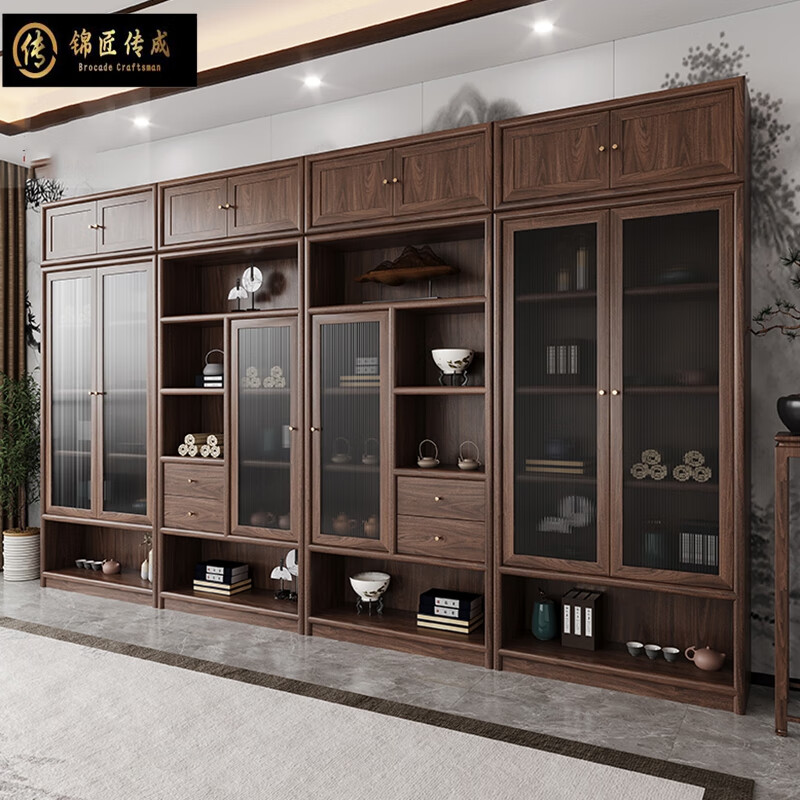 Jinjiang Chuancheng New Chinese style Bogu rack North American black walnut study bookshelf tea room tea rack tea cabinet tea space display cabinet old elm middle cabinet 100*35*240cm