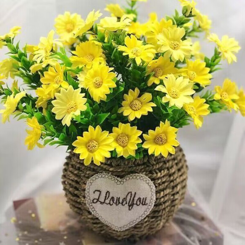 Sunflower bouquet, artificial flowers, artificial flower decorations, living room table, flower pots, green plants, balcony interior decorations, large sunflower + straw pot + butterfly
