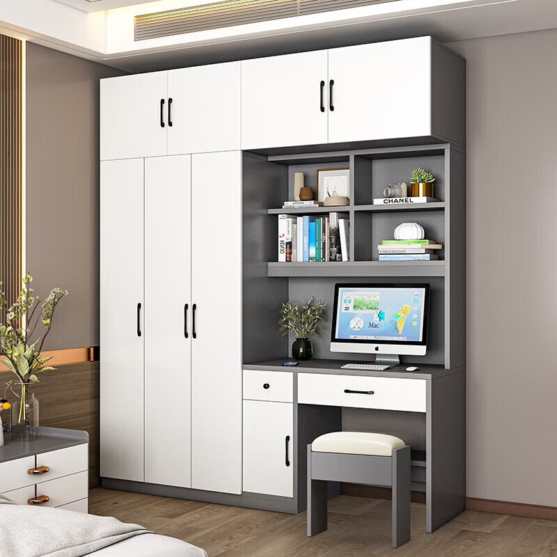 Langxiao wardrobe computer desk bookcase combination modern simple small apartment home bedroom wardrobe desk desk desk integrated white 1.2 single door wardrobe + desk with stool