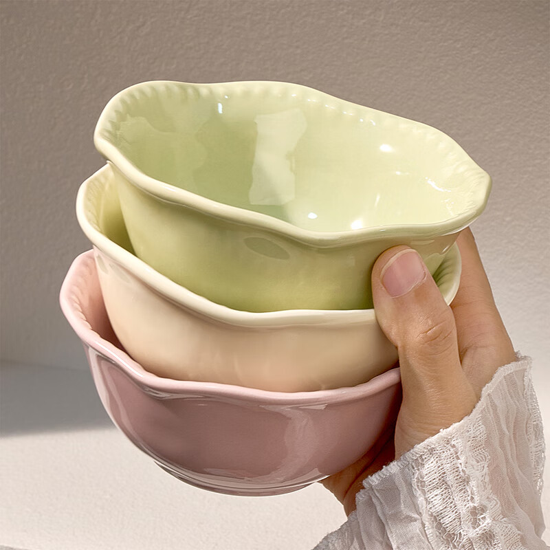 TREEJACK Bead Dot Girly Cream Style Ceramic Yogurt Salad Bowl Dessert Oatmeal Breakfast Bowl Fruit Bowl Rice Ramen Soup Bowl