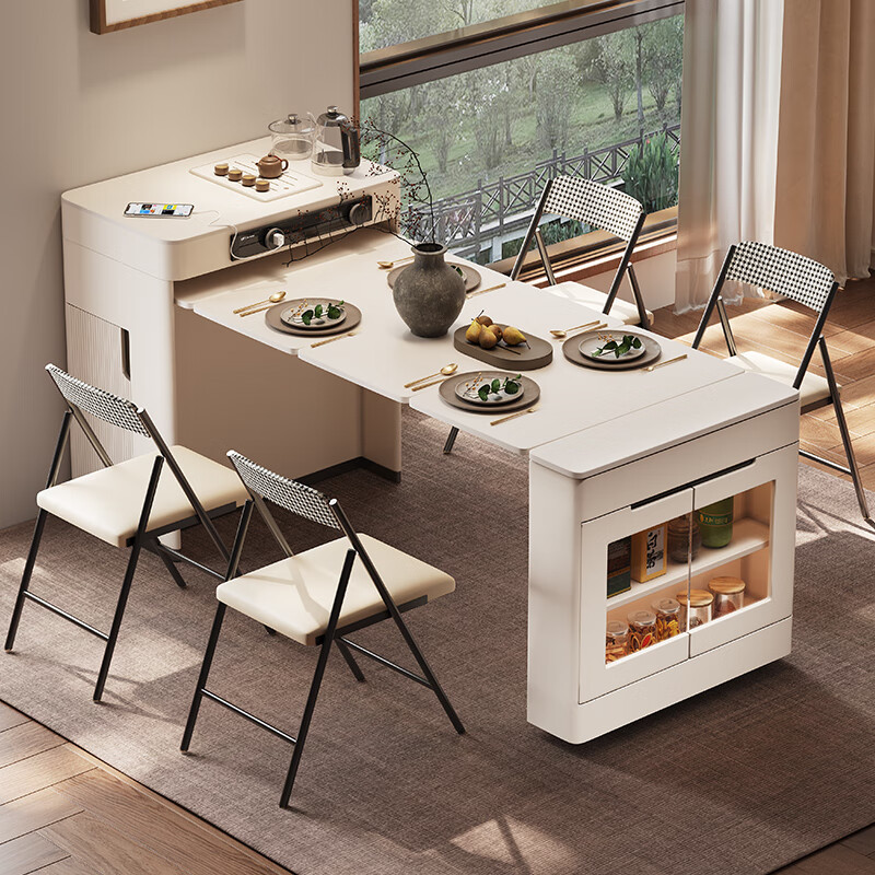 Micro Art 2026 cream style sideboard island dining table integrated household retractable and foldable small apartment bar guide inverted dining table island dining table + A style dining chairs * 6 (with tea)