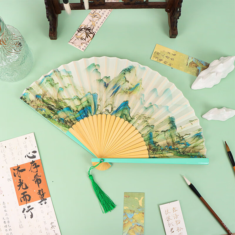 TaTanice folding fan, female fan 6.5 inches, Chinese style classical Hanfu photo props, green bamboo head, thousands of miles of mountains and rivers