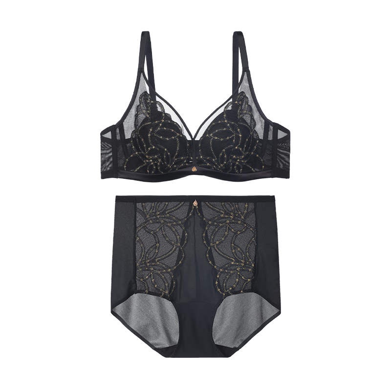 Embry Starry Rabbit Ears Set Light Luxurious Lace Single Layer Bra Women's Anti-Bump Triangular Cup Underwear Gift Obsidian Black BLK 75B L