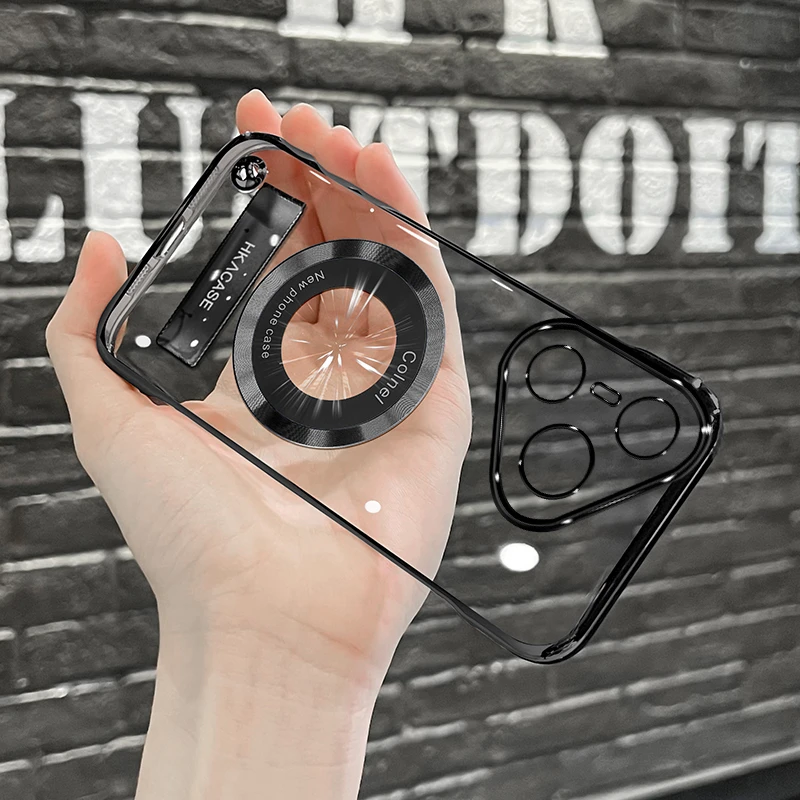 Huawei pura70pro simple and high-end ultra-thin electroplated frameless magnetic sticker electroplated stand mobile phone case black electroplated frameless + black stand Huawei pura70pro