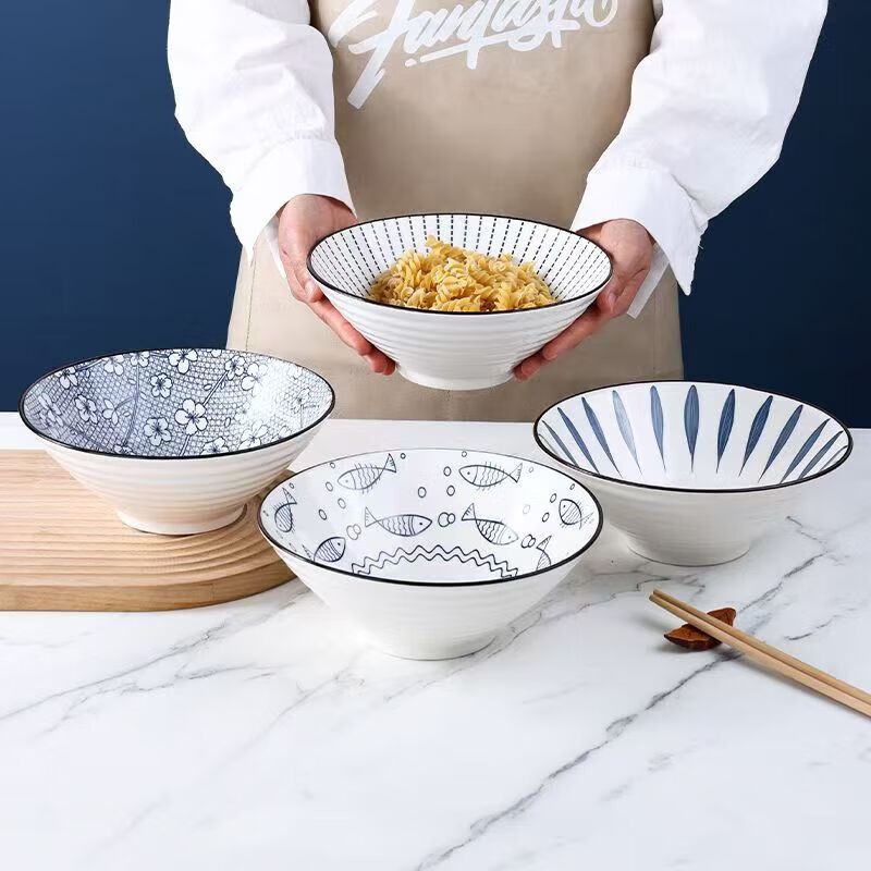 Japanese ramen bowl large bowl instant noodle bowl household Internet celebrity tableware 8 bucket hat porcelain bowl noodle restaurant bucket hat soup bowl ceramic bowl random style 8 inch bucket hat bowl 4 pieces