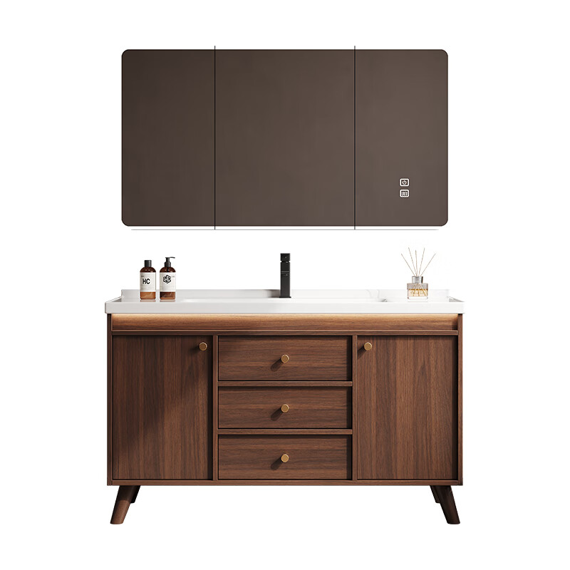 Hengjie new Chinese style walnut bathroom cabinet combination ceramic integrated basin floor-standing bathroom hand wash basin H08-80 walnut color/lower grid storage mirror cabinet (falling