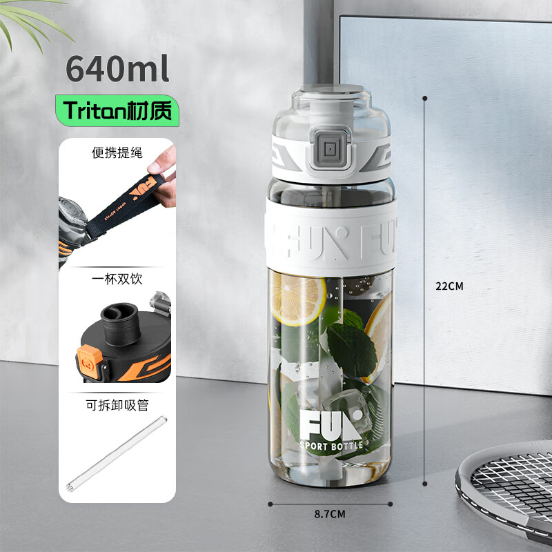 SZTAA Sports Water Cup Large Capacity Sports Water Bottle High Temperature Resistant Tritan Water Cup Men's Summer Ton Bucket Ton Student Dayton Edelweiss White (Tritan + Double Drink) 640ml
