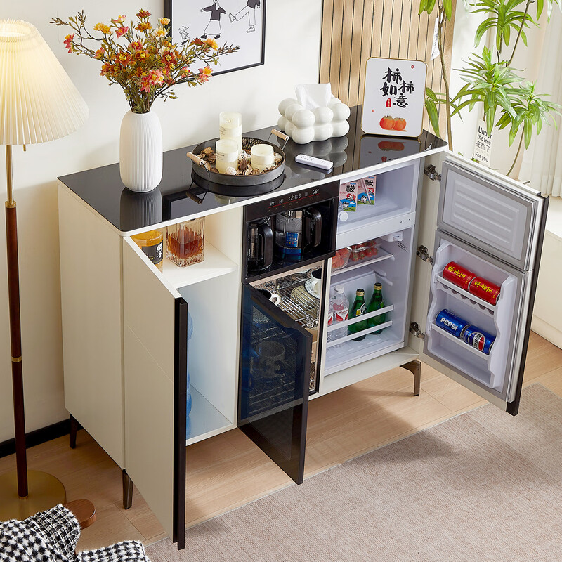 Smart tea bar machine with refrigerator integrated storage cabinet fully automatic sideboard water dispenser for living room and office with voice milk white hot and cold type three doors with refrigerator for disinfection 1170*400*970