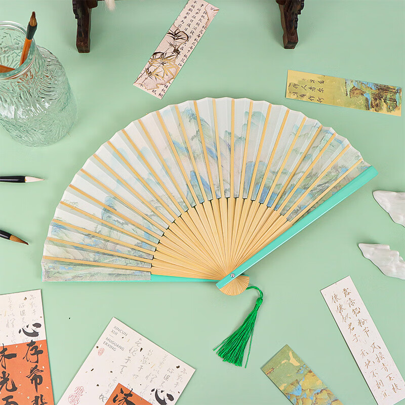 TaTanice folding fan, female fan 6.5 inches, Chinese style classical Hanfu photo props, green bamboo head, thousands of miles of mountains and rivers