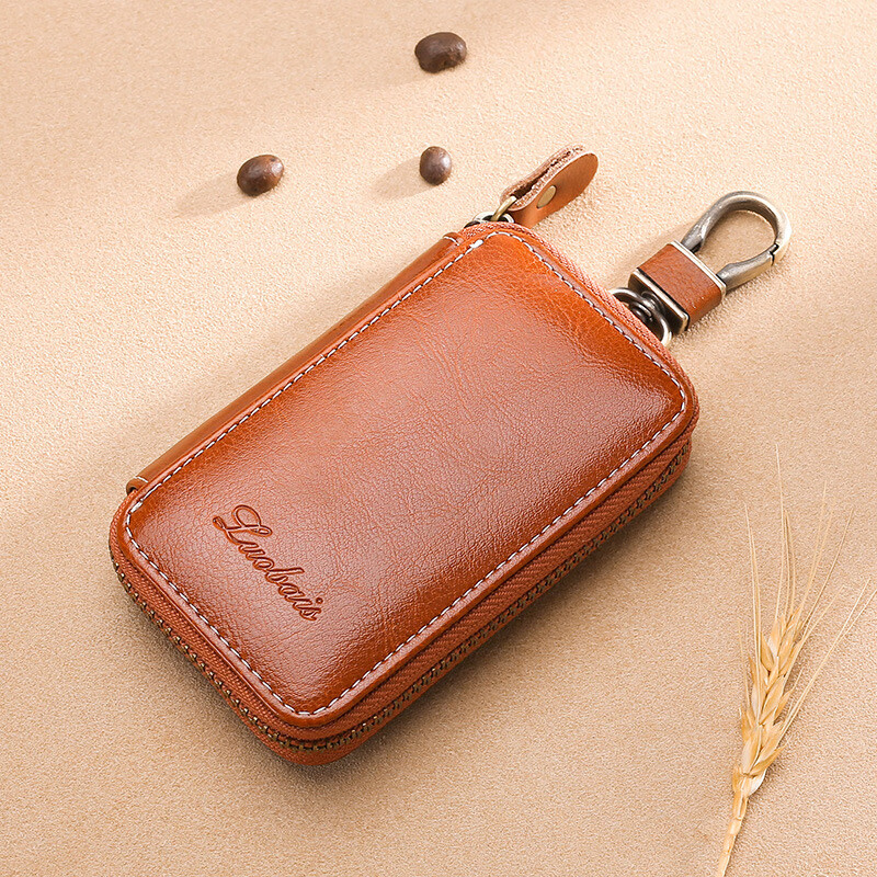 KUQIDAISHU Car Key Bag Men's Genuine Leather Zipper Key Bag Women's Multifunctional Card Holder Creative Wallet Large Retro Brown