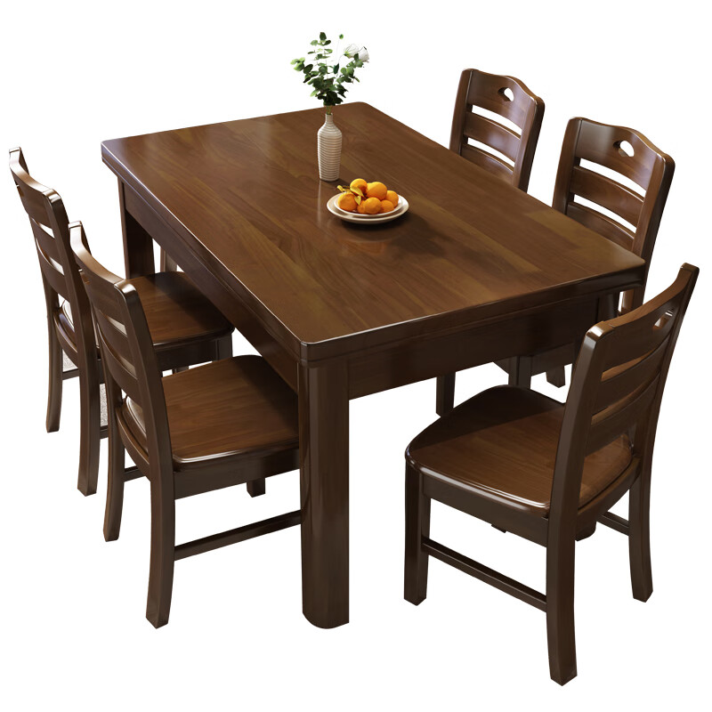 Sheng Yi all solid wood dining table rectangular 2025 new mortise and tenon complete chair 6-person dining table Chinese dining table and chair combination walnut color 145cm 1 table 6 chairs (145*90) complete chair