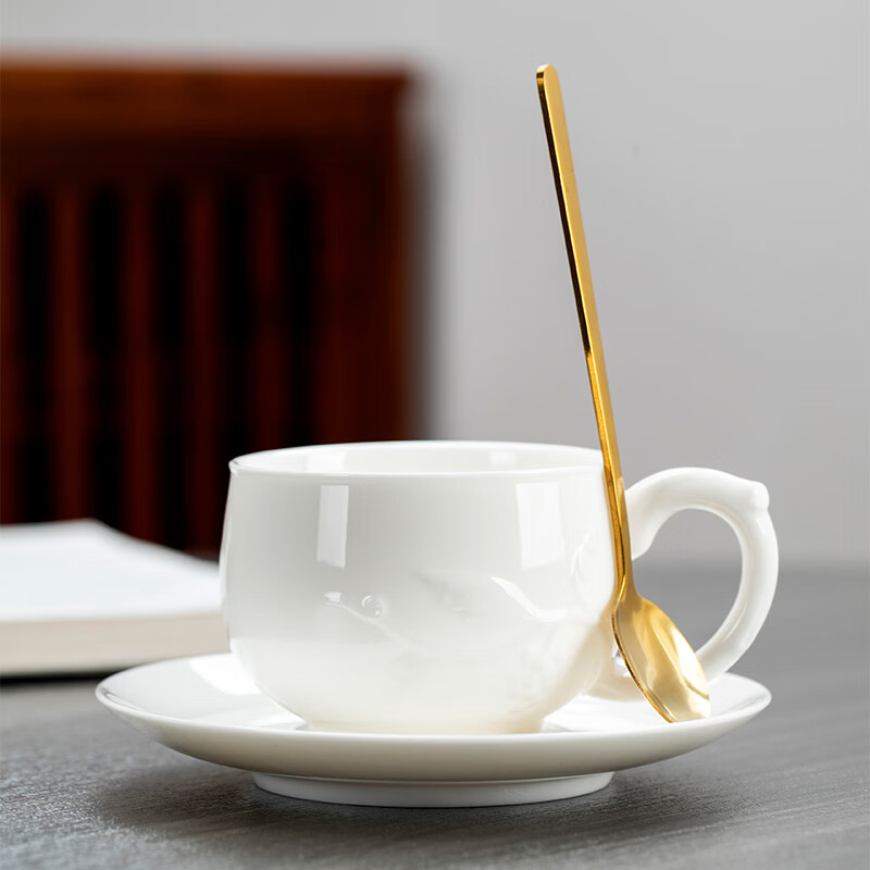 Yuquan Longmen mutton fat jade porcelain glazed gold coffee cup high-end American mug ceramic with saucer spoon milk breakfast cup style 1