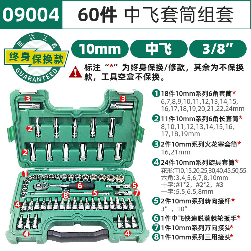 SATA 60-piece set 10MM ratchet wrench socket set auto repair and maintenance set Zhongfei ratchet wrench set 09004