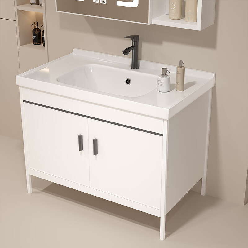 Space aluminum bathroom washbasin cabinet combination bathroom bathroom cabinet washbasin integrated ceramic floor-standing washbasin ed 100CM slate basin + floor-standing cabinet + ordinary mirror cabinet
