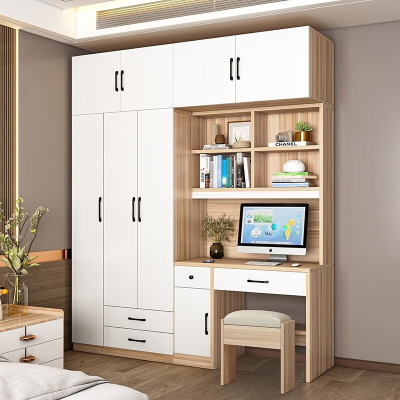 Langxiao wardrobe computer desk bookcase combination modern simple small apartment home bedroom wardrobe desk desk desk integrated white 1.2 single door wardrobe + desk with stool