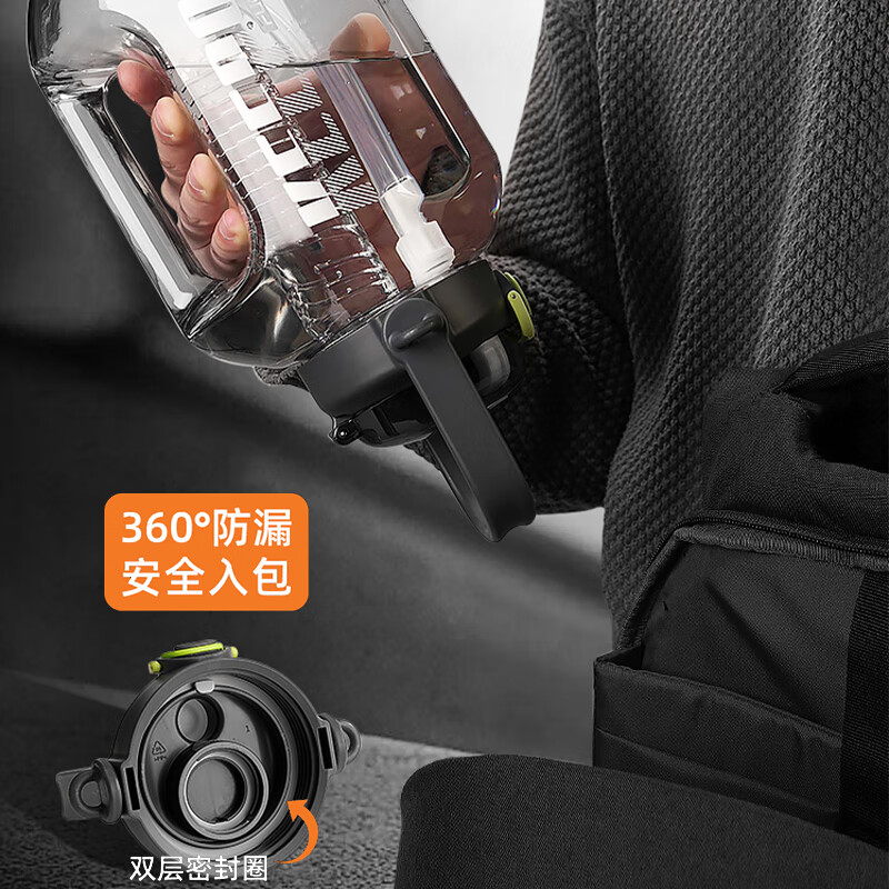 Fuguang large-capacity sports water cup men's ton bucket ton tritan summer straw kettle plastic fitness student high temperature resistant black 1600ml Tritan material + tea warehouse