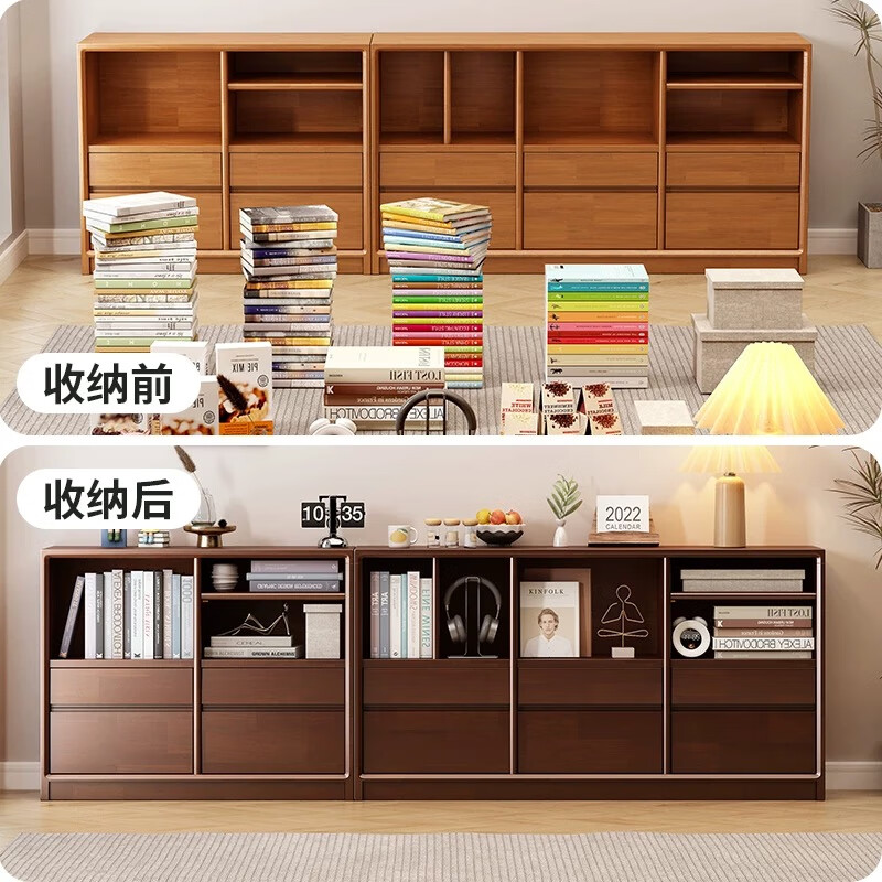 Songyuan Lomanson solid wood bookcase bookshelf storage cabinet living room floor-standing bedroom storage cabinet home front low cabinet floor cabinet storage rack atmospheric rubber wood walnut color 150*30*80cm