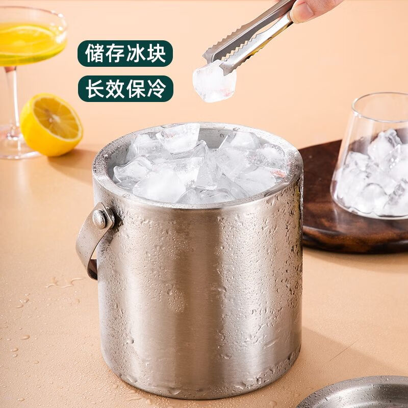 Magic Dou Shenghuo 304 stainless steel ice bucket double-layer thermal insulation and cold insulation high-value KTV champagne red wine beer ice grain ice bucket household silver 304 stainless steel double-layer ice bucket 2L delivery clip