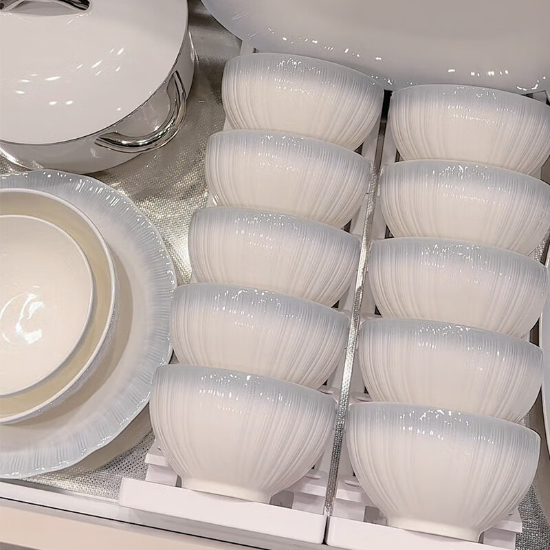 Shumang bowls, plates, tableware, high-value tableware set, cream-style ceramic dishes, chopsticks and bowls set, wedding gift, 12-person meal, 58 pieces, with soup pot, gift box, 58-piece set