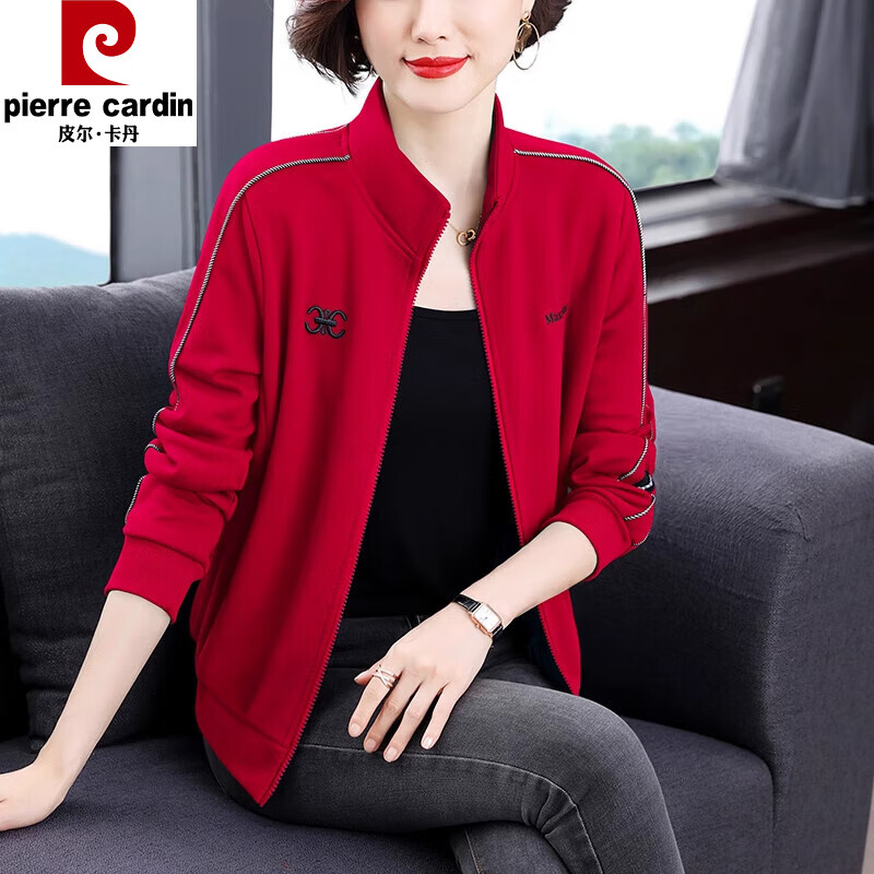 Pierre Cardin stand-up collar cardigan zipper jacket for women spring and autumn new style western style mom long-sleeved top large d size velvet thickened sweatshirt big red spring and autumn style XL (recommended 115-125 pounds)