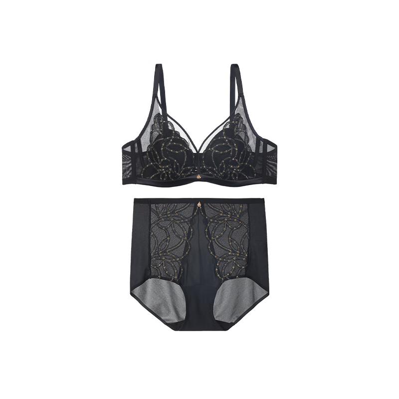 Embry Starry Rabbit Ears Set Light Luxurious Lace Single Layer Bra Women's Anti-Bump Triangular Cup Underwear Gift Obsidian Black BLK 75B L