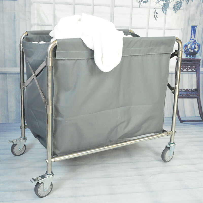 Folding linen cart, stainless steel collection trolley, cleaning room entrance cart, hotel room service cart, work cart, extra thick folding linen cart (with brown cloth bag)