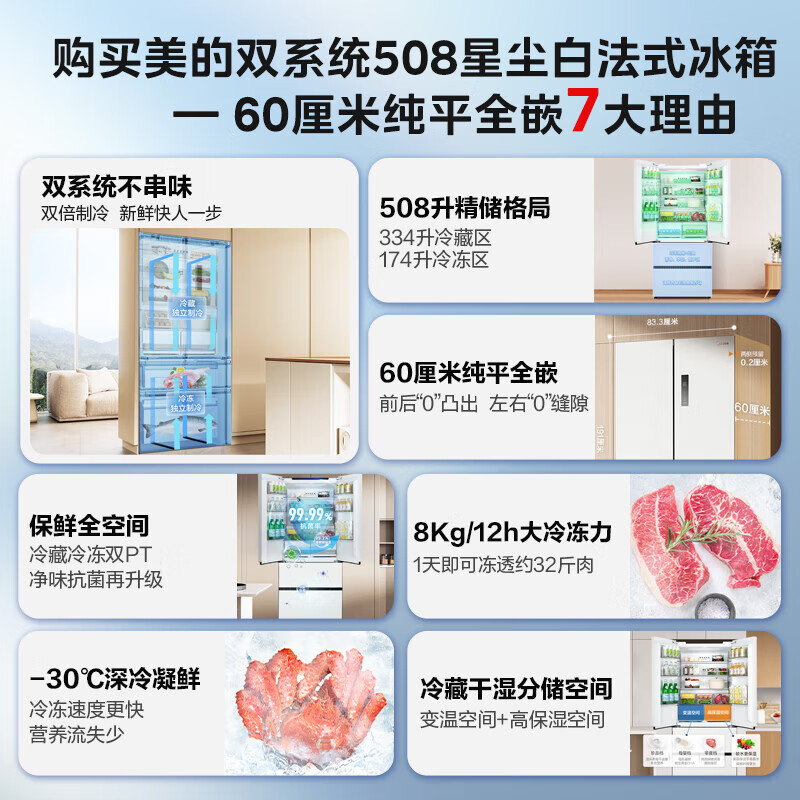Midea 508 French style refrigerator multi-door Zhenxiang series M60 dual system double cycle ultra-thin flat bottom cooling cross four-door household refrigerator BCD-508WUFPZM(E) French丨embedded dual system丨Stardust White