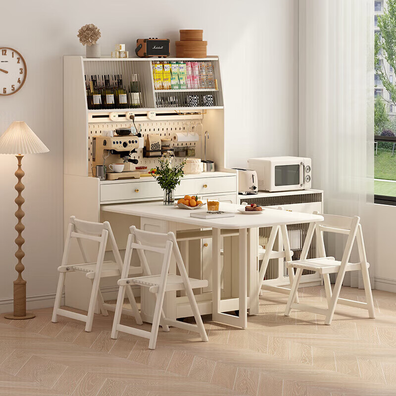 Isabel solid wood sideboard dining table integrated high cabinet against the wall cream style small apartment can be embedded in the household invisible folding dining table 1.7 meters dining table - built-in sideboard - invisible 0 area DIY hole board + high power anti-shock guide rail socket