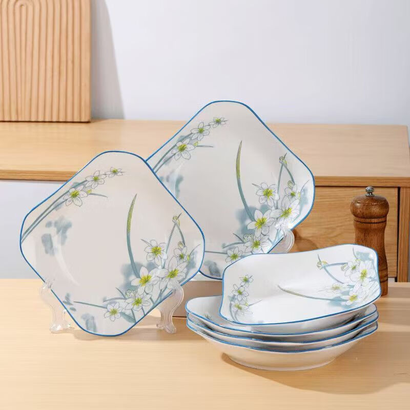 Underglaze color Chinese simple narcissus household ceramics creative high-end Ruyi square plate special-shaped ceramic plate set diagonal 8.5-inch narcissus square plate 2 pieces