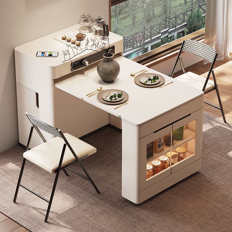 Micro Art 2026 cream style sideboard island dining table integrated household retractable and foldable small apartment bar guide inverted dining table island dining table + A style dining chairs * 6 (with tea)