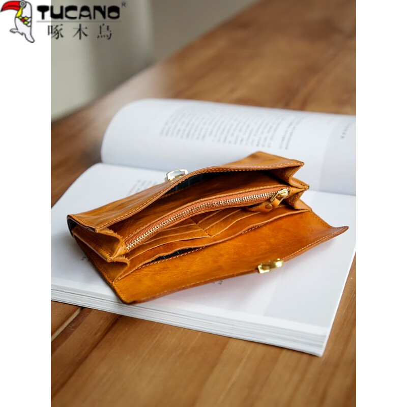 Woodpecker (TUCANO) Genuine Leather Retro Women's Long Wallet Top Layer Vegetable Tanned Cowhide Large Capacity Lock Handheld Horizontal Multi-Card Slot Wallet Dark Brown
