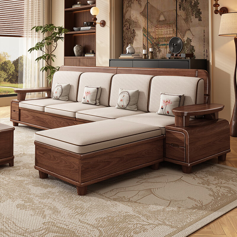 Yahua Xiangshe new Chinese style black walnut solid wood sofa modern simple living room small apartment winter and summer storage sofa 3.15 meters four-seater + imperial concubine couch + coffee table + TV cabinet assembly